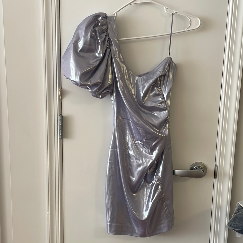 One shoulder metallic lavender dress
